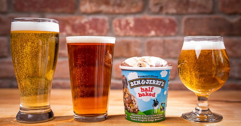 Glasses of beer and a pint of Half Baked Ice Cream